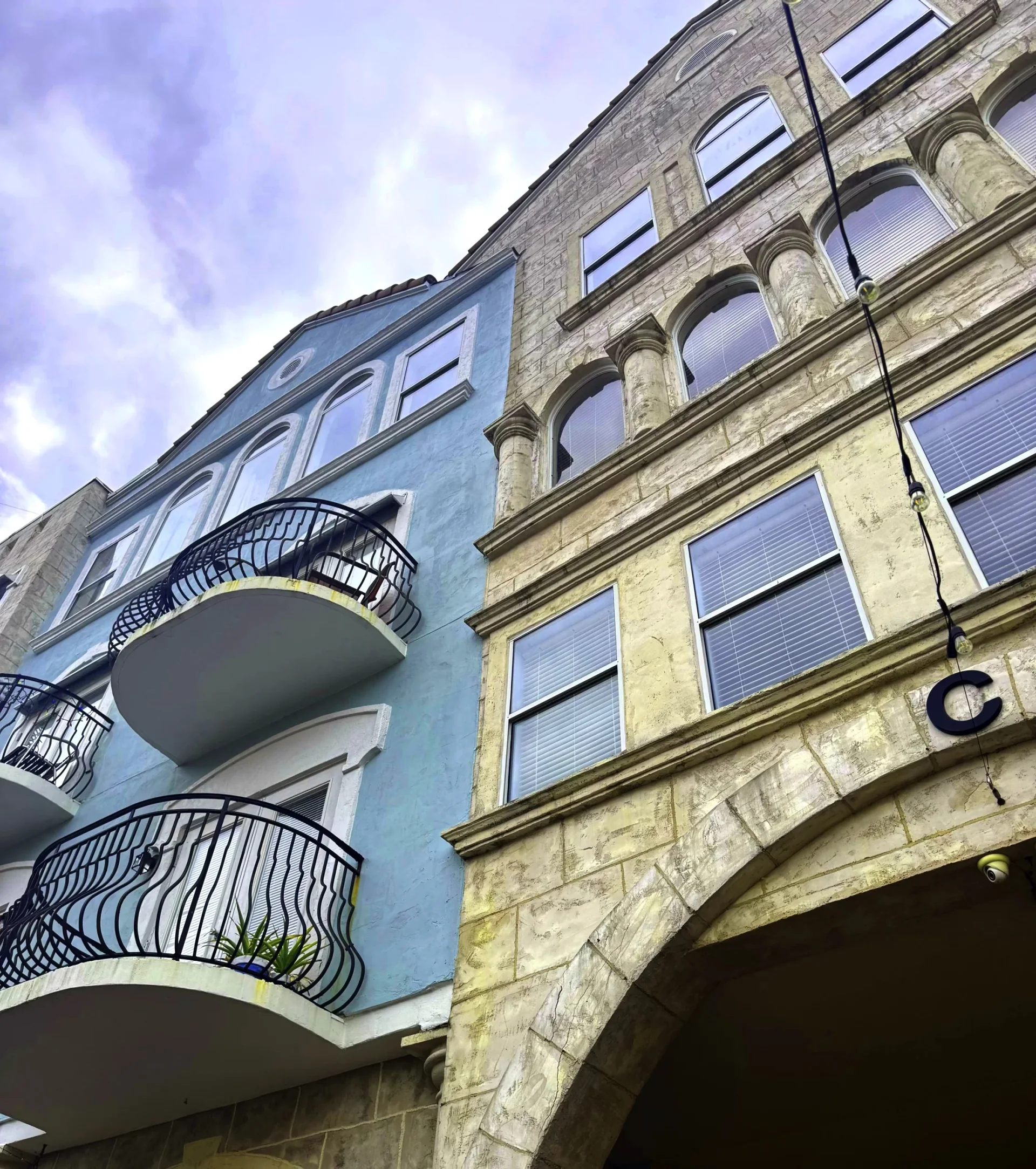 European Village architecture above the Palm Coast Farmers Market courtyard.