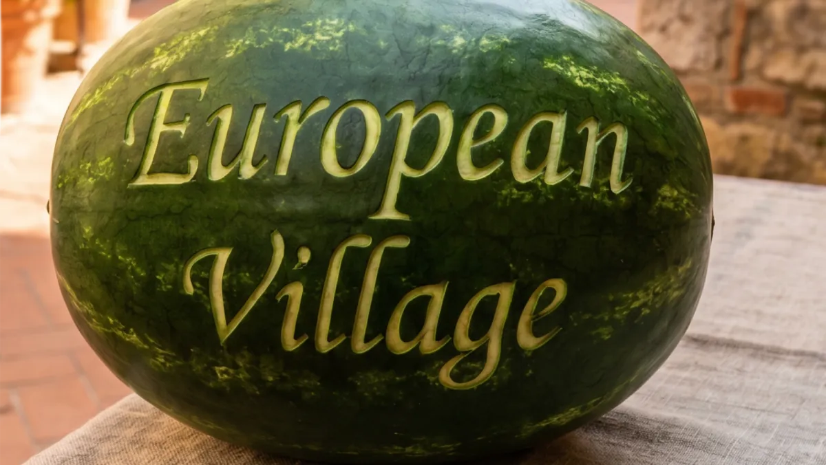 Watermelon carved with European Village lettering for the Watermelon Festival.