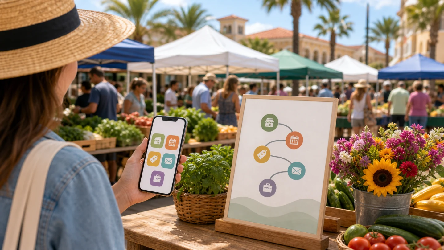 Digital network hub visual for Palm Coast Farmers Market marketing systems.