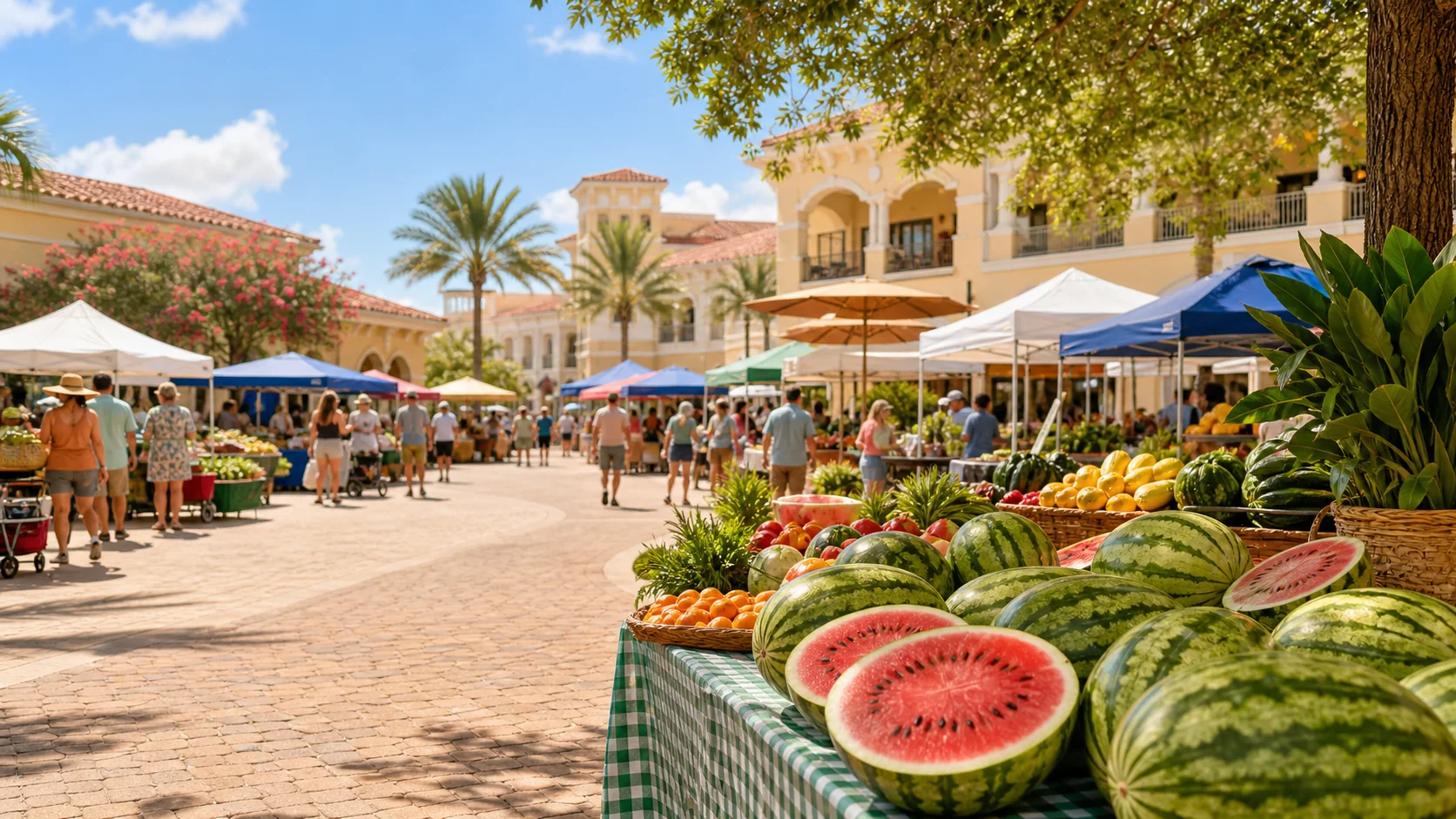 European Village courtyard with vendor tents, palm trees, and a table of watermelons in the foreground.