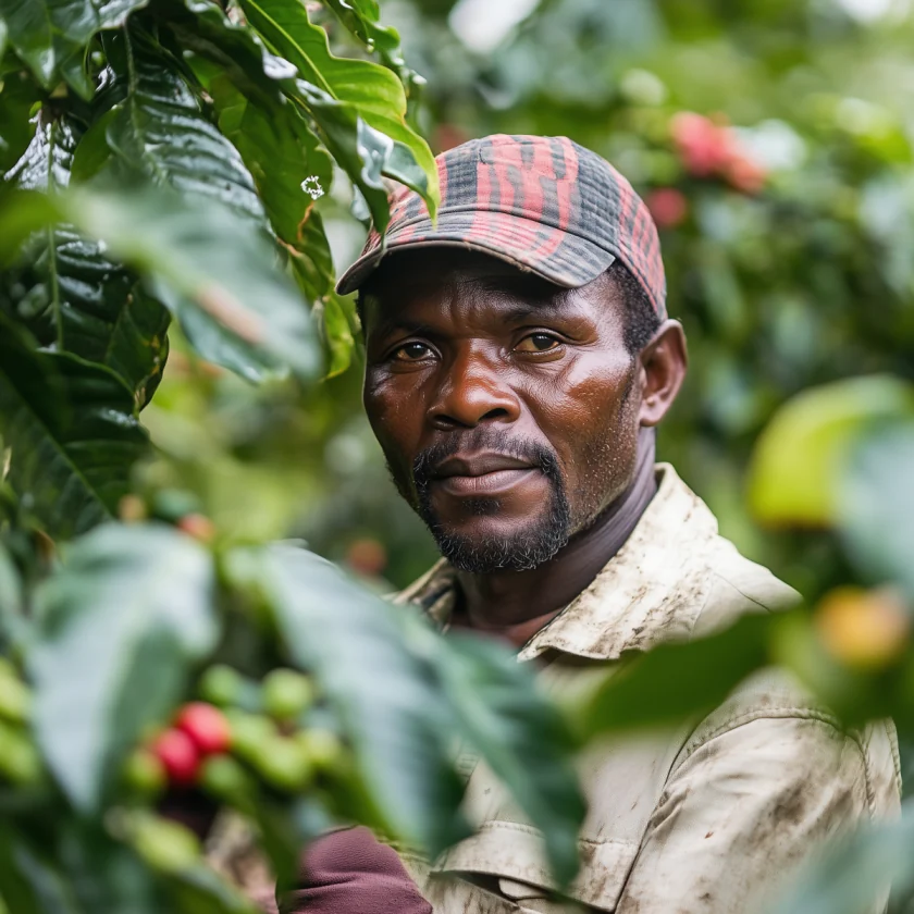 Kenyan coffee farmer carrying harvested coffee cherries