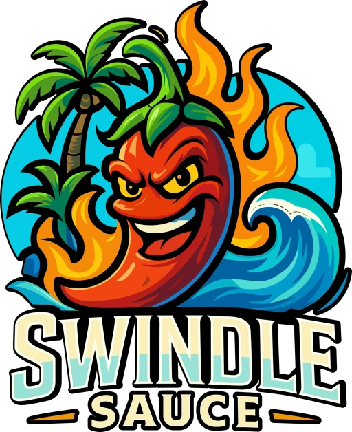 Swindle Sauce logo: a fiery chili character with a palm tree and ocean wave